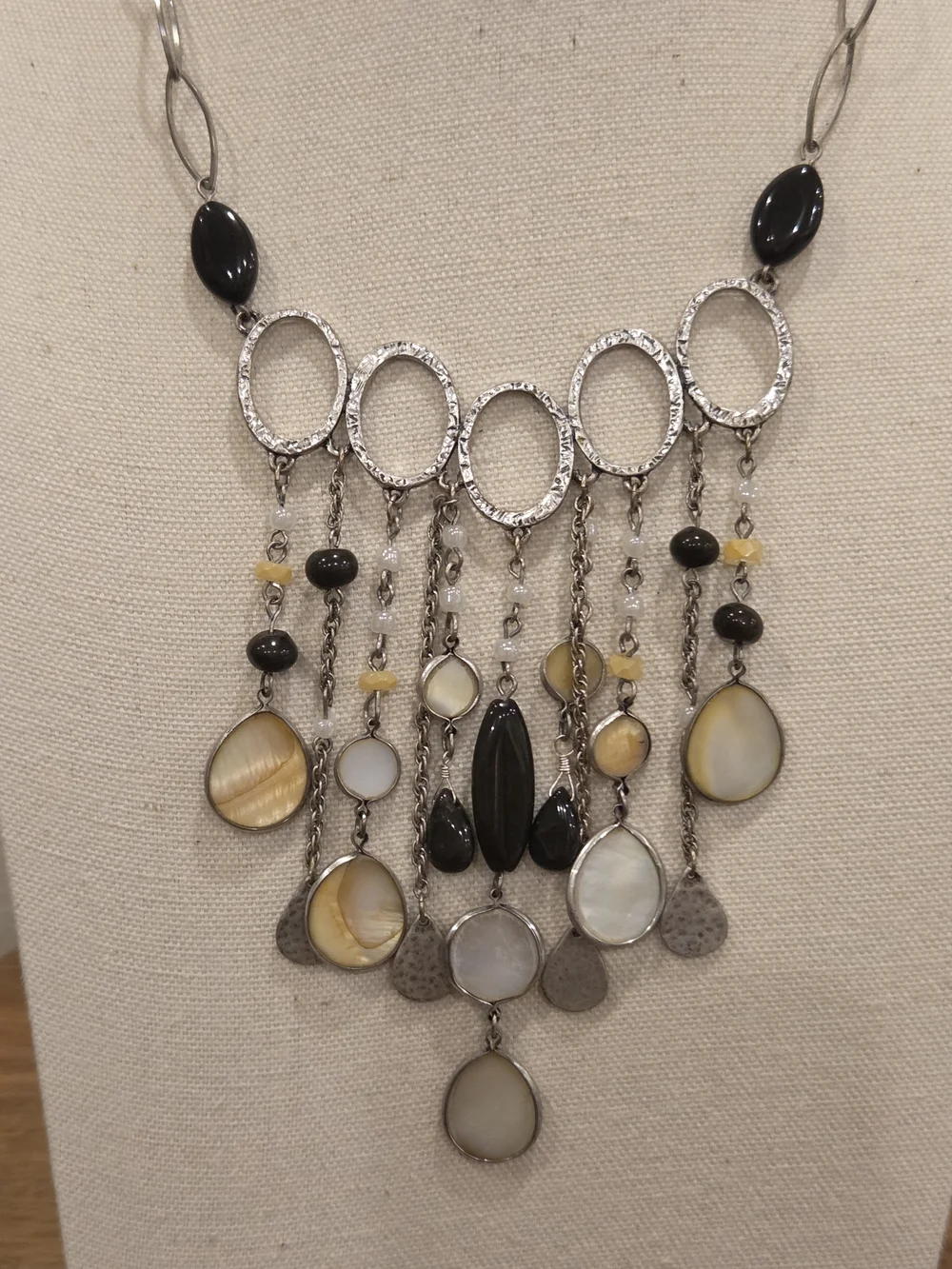 Chico's Black and Cream Multi-Drop Pendant Bib Necklace
